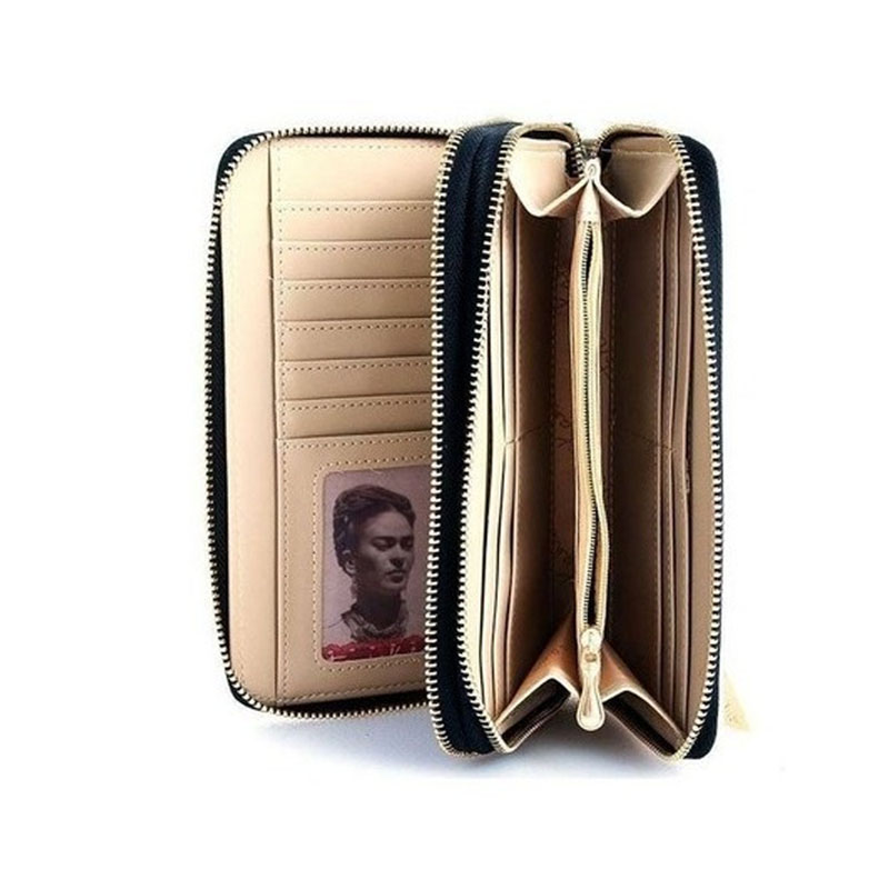 Cartera Negra Doble Cierre Frida Kahlo Flores Original Color Negro