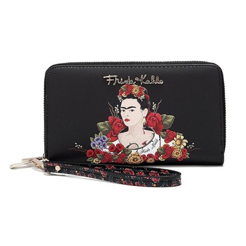 Cartera Negra Doble Cierre Frida Kahlo Flores Original Color Negro