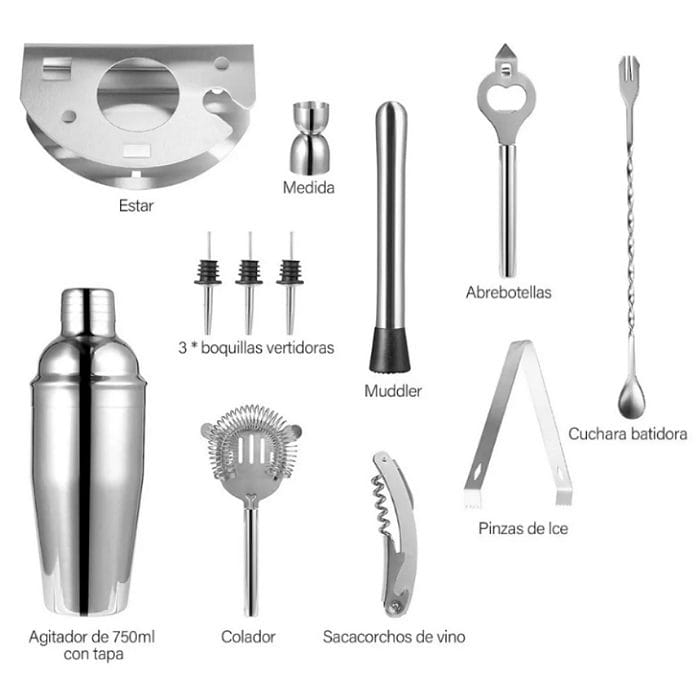 Kit De 12 Piezas Barman Para Cocteles De Acero Inoxidable.