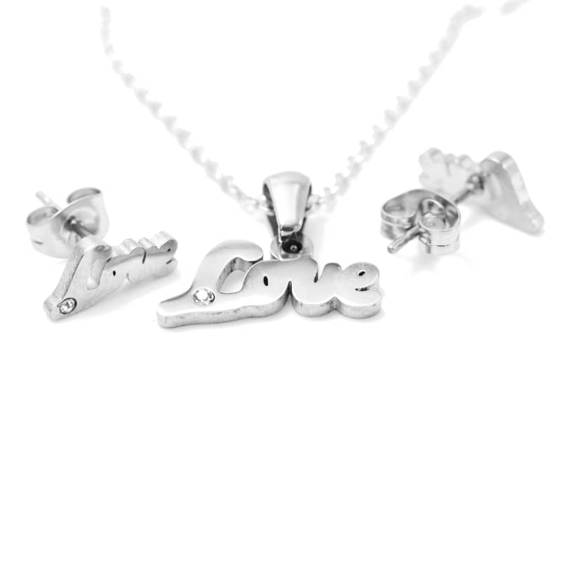 Joya Kit Cadena Dije Y Aretes Letras Love C Piedra Color Plateado