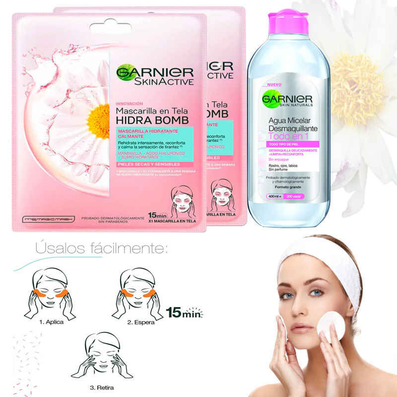 Kit Garnier Hidratante Mascarilla Hidra Bomb Agua Micelar Desmaquillante