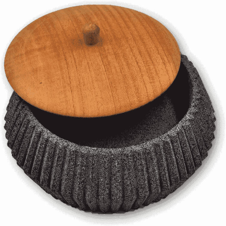 Tortillero Tlachichi - Artesanal con piedra volcánica, con tapa de madera el toque elegante perfecto, 21 cm de diámetro por 8 de Alto. Artesanías Mexicanas de Piedra de Molcajete