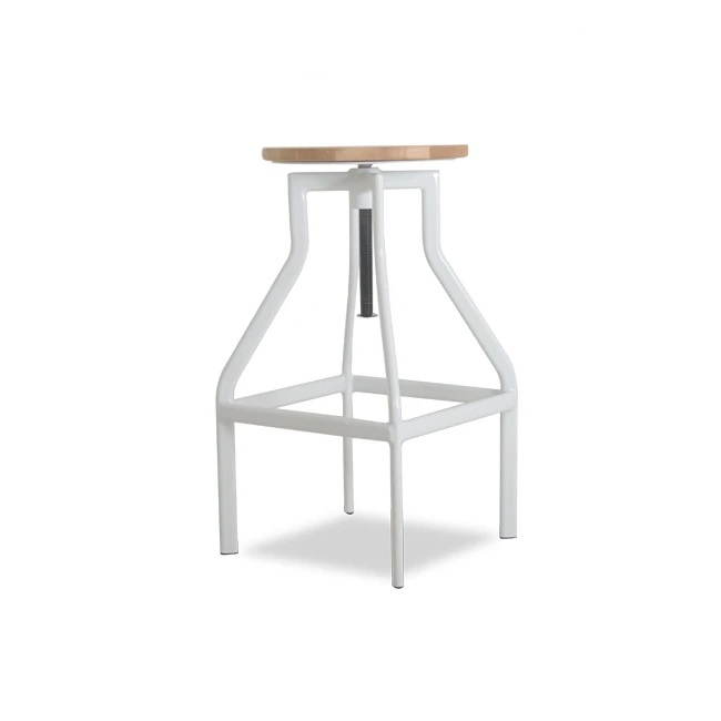 BANCO DE DISEÑO TIPO INDUSTRIAL CON ALTURA REGULABLE, GIRATORIO, ASIENTO EN MADERA Y ESTRUCTURA METAL