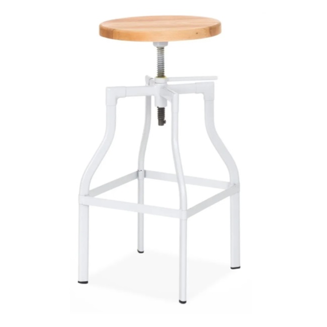 BANCO DE DISEÑO TIPO INDUSTRIAL CON ALTURA REGULABLE, GIRATORIO, ASIENTO EN MADERA Y ESTRUCTURA METAL