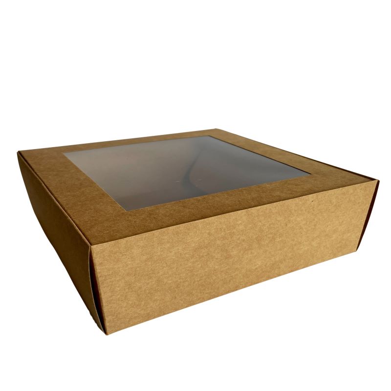 Caja de cartón kraft con ventana, calidad premium, para alimentos, reposteria ó regalos 50 cajas.