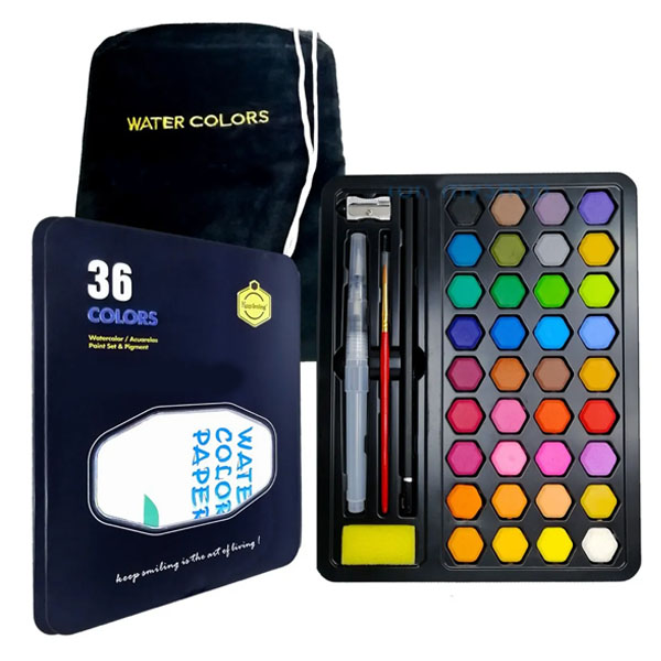 Set de 36 Acuarelas Profesionales En Pastilla Con Accesorios Pinceles y Estuche Metálico