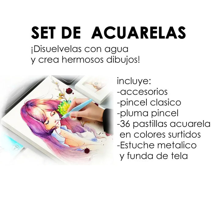 Set de 36 Acuarelas Profesionales En Pastilla Con Accesorios Pinceles y Estuche Metálico