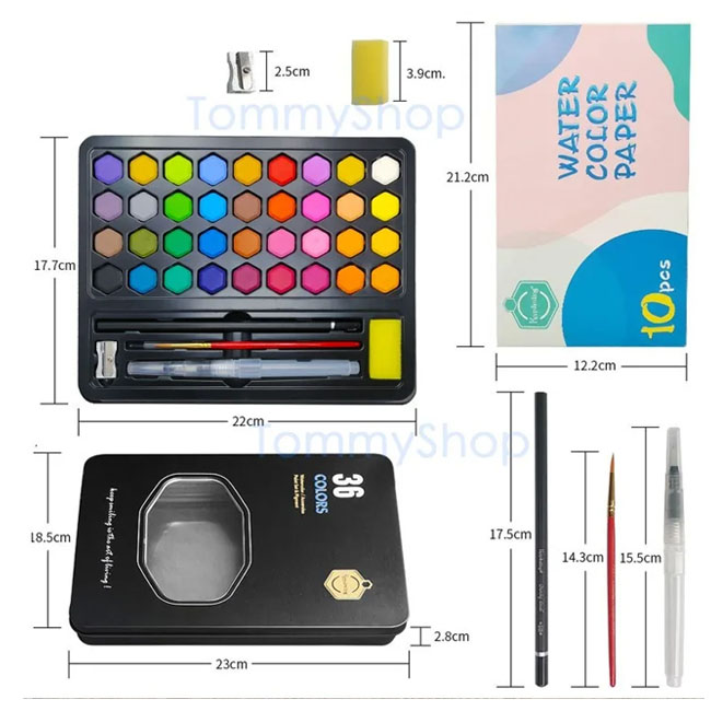 Set de 36 Acuarelas Profesionales En Pastilla Con Accesorios Pinceles y Estuche Metálico
