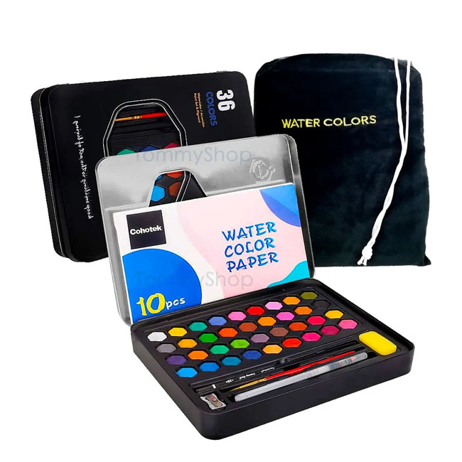 Set de 36 Acuarelas Profesionales En Pastilla Con Accesorios Pinceles y Estuche Metálico