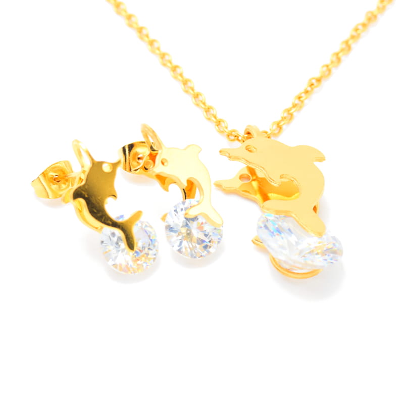 Joya Kit Cadena Dije Aretes Forma Dellfin Dorado C Zirconia Acero