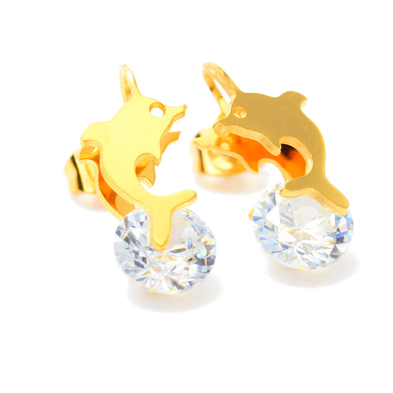 Joya Kit Cadena Dije Aretes Forma Dellfin Dorado C Zirconia Acero