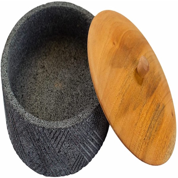 Tortillero Ketsali - con piedra volcánica y tapa de madera el toque elegante perfecto, 21 cm de diámetro por 8 de Alto. Artesanías Mexicana de Piedra de Molcajete, excelente regalo para el día del Padre