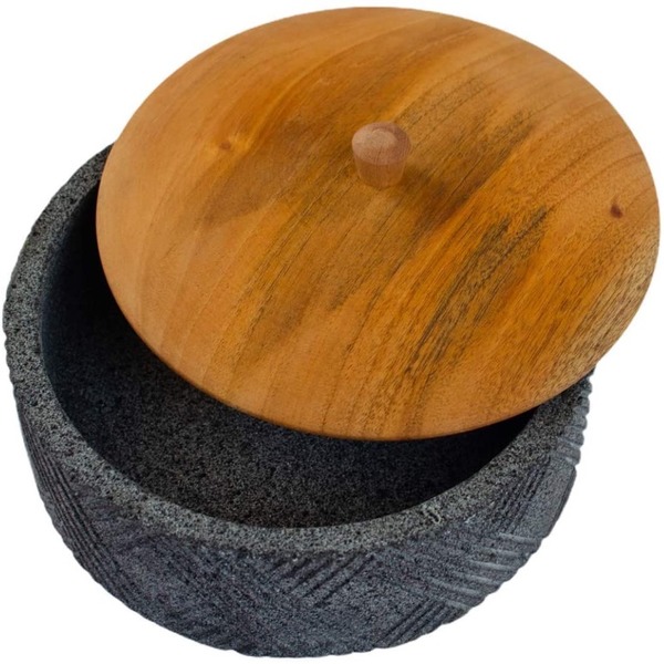 Tortillero Ketsali - con piedra volcánica y tapa de madera el toque elegante perfecto, 21 cm de diámetro por 8 de Alto. Artesanías Mexicana de Piedra de Molcajete, excelente regalo para el día del Padre