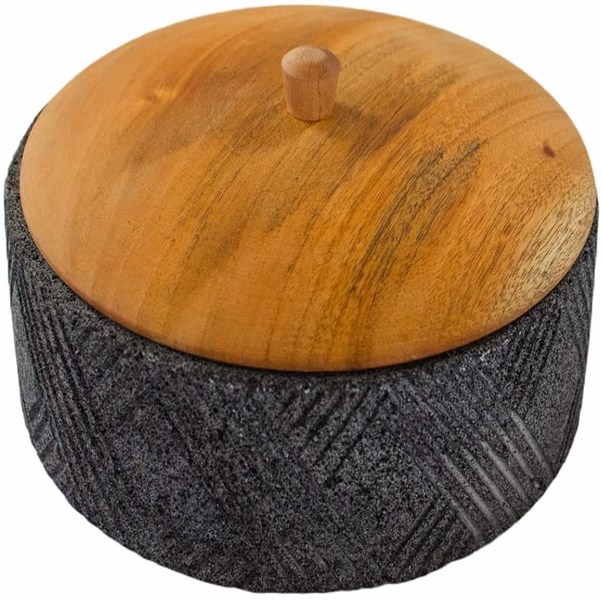 Tortillero Ketsali - con piedra volcánica y tapa de madera el toque elegante perfecto, 21 cm de diámetro por 8 de Alto. Artesanías Mexicana de Piedra de Molcajete, excelente regalo para el día del Padre