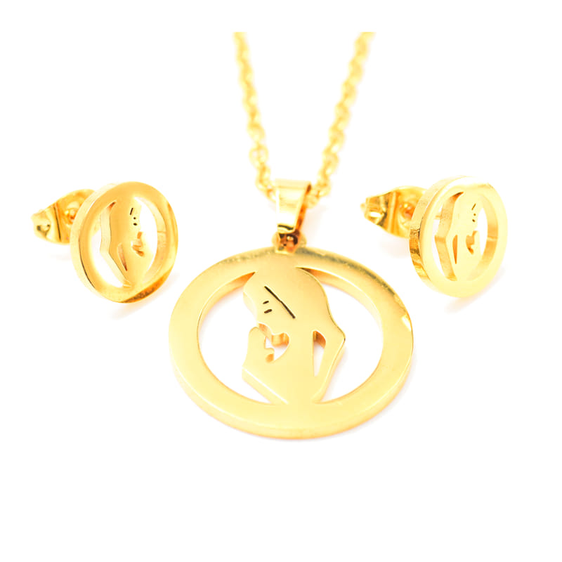 Joya Kit Cadena Dije Y Aretes Forma De Mamá Rezando Dorada Acero