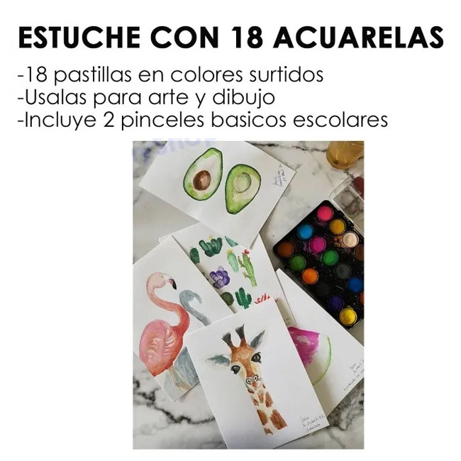 Acuarelas 18 Colores Pastillas con Estuche Con 2 Pinceles Para Pintar Smarty