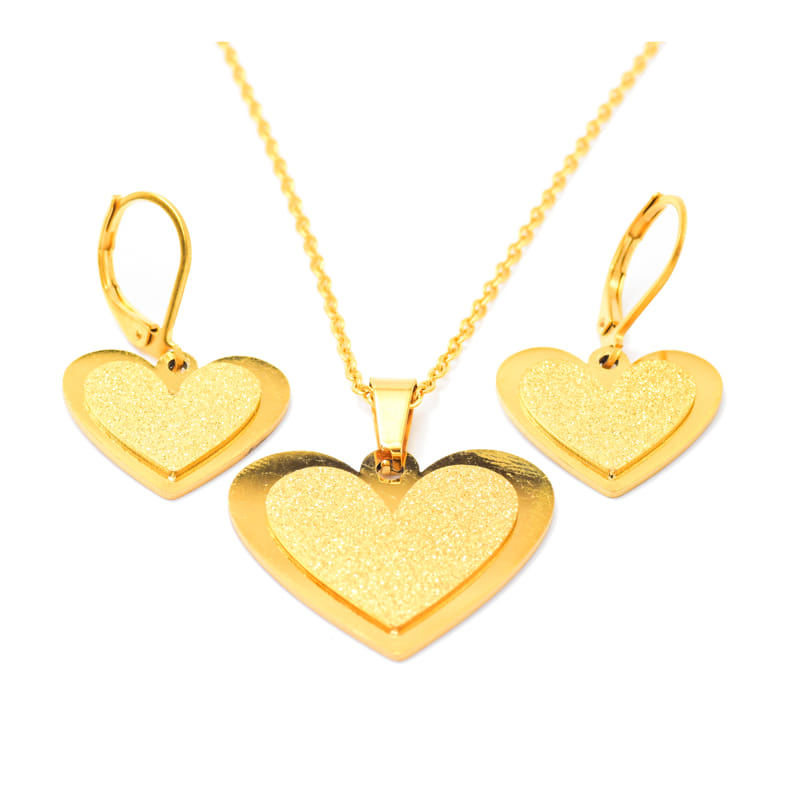 Joya Kit Cadena Dije Y Aretes Forma De Corazon Dorado Azucarado