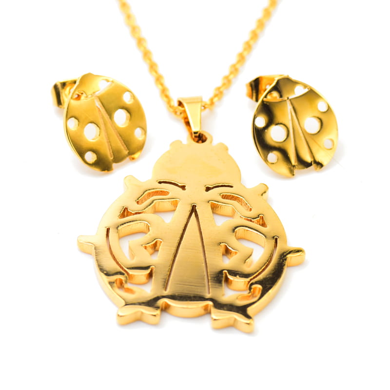 Joya Kit Dije Cadena Aretes En Foma De Catarina Dorada Acero Inox