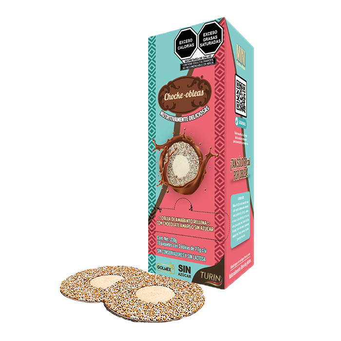Chocke Obleas Mini, Oblea de Amaranto Rellena con Chocolate Amargo (Turin) Sin Azucar, Paquete con 30 obleas