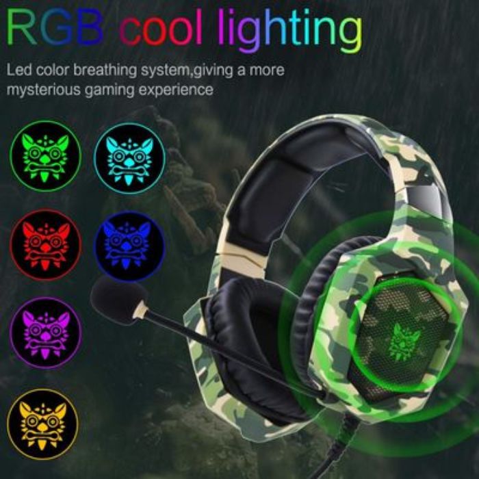 Audífonos Gamer Onikuma K8 Camuflaje Verde Con Luz Rgb Led