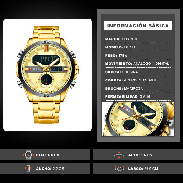 Reloj Curren Analogo y Digital Duale Dorado