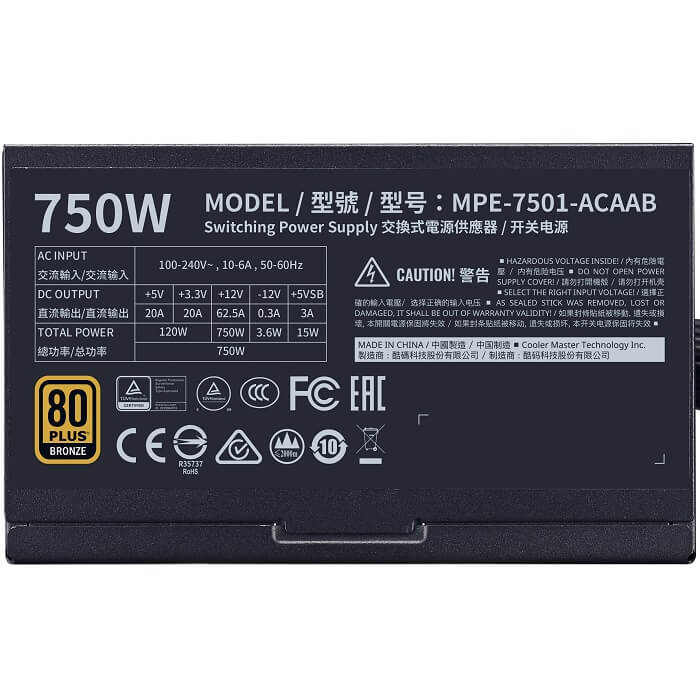 Fuente De Poder Cooler Master MWE 750 Bronze V2 750W 80 Plus MPE-7501-ACAAB-US