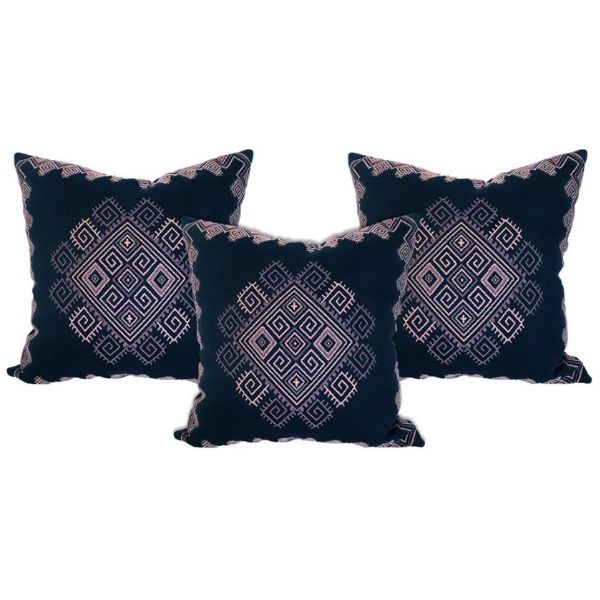 Set De 3 Cojines Decorativos Azul Rosa Bordado Mexicano de 45 cm