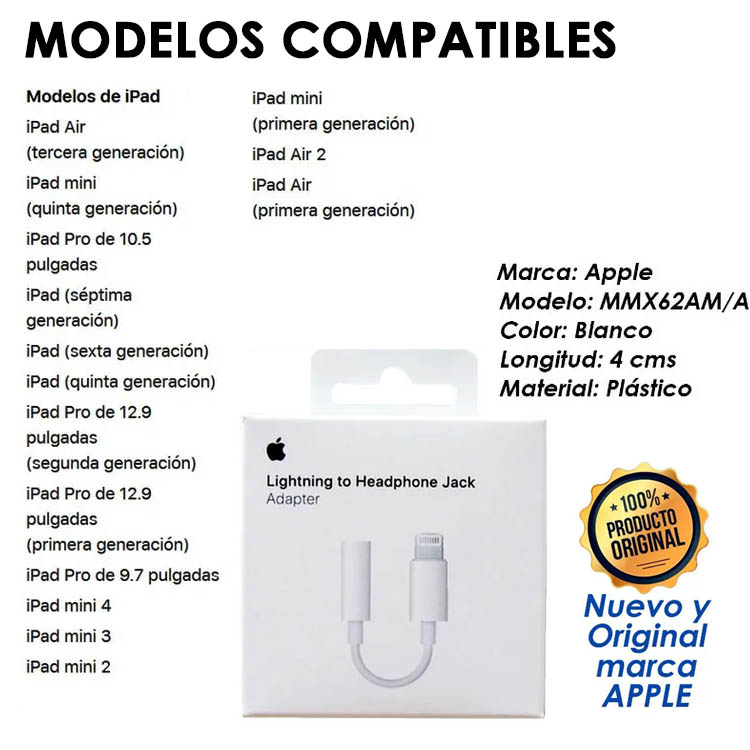 Adaptador de Lightning a jack 3.5 mm para Audífonos Apple Original