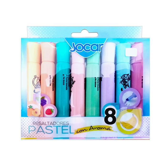 Marcatextos Resaltadores con 8 Plumones Colores Pastel Jocar con Aroma