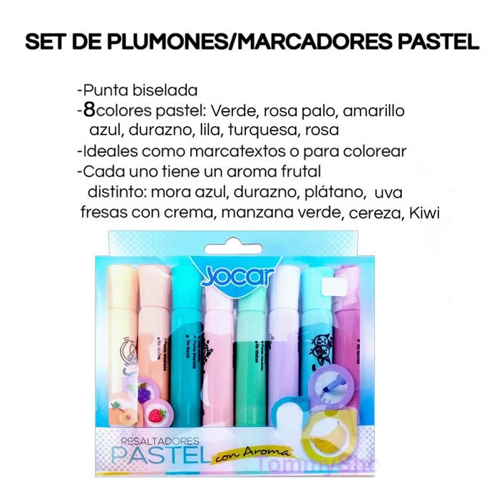 Marcatextos Resaltadores con 8 Plumones Colores Pastel Jocar con Aroma