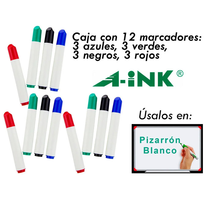 12 Marcadores Plumones Para Pizarron Blanco Pintarron y Vidrio A-ink 