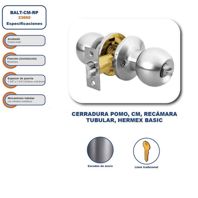 CERRADURA CHAPA PARA PUERTA CUARTO RECAMARA POMO PLATEADA HERMEX