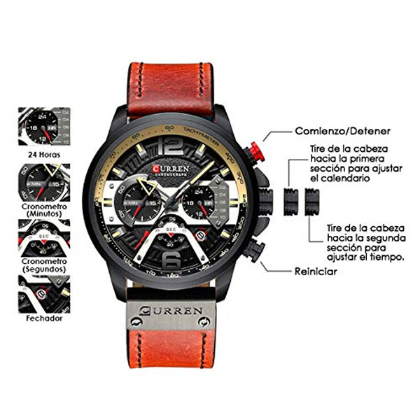 Relojes CURREN para Hombre, Análogo, con Cronógrafo y Ventana para Fechador con Correa de Piel y Bro 