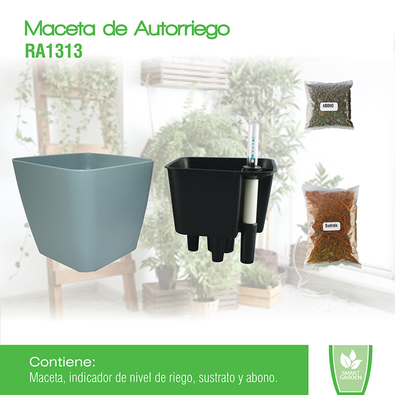 Smart Garden Maceta autorregable RA1313 Decorativa, Cuadrada Chica Autorriego inteligente Azul Mate Plástico ABS anti UV (13cm de diámetro x 13cm de Alto)