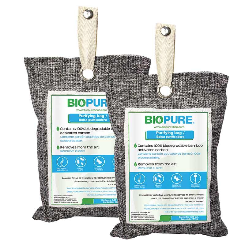 Kit de 2 bolsas purificadoras - Carbón activado 100% biodegradable - Bambú - Remueve malos olores, humedad, moho y alérgenos - Incluye 2 bolsas de 150gr y 2 listones para colgar.