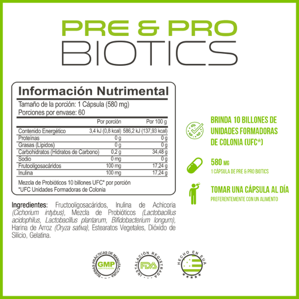 Prebioticos y Probioticos regenera la flora intestinal 10 billones UFC | Pre&Probiotics Forzagen - 60 capsulas