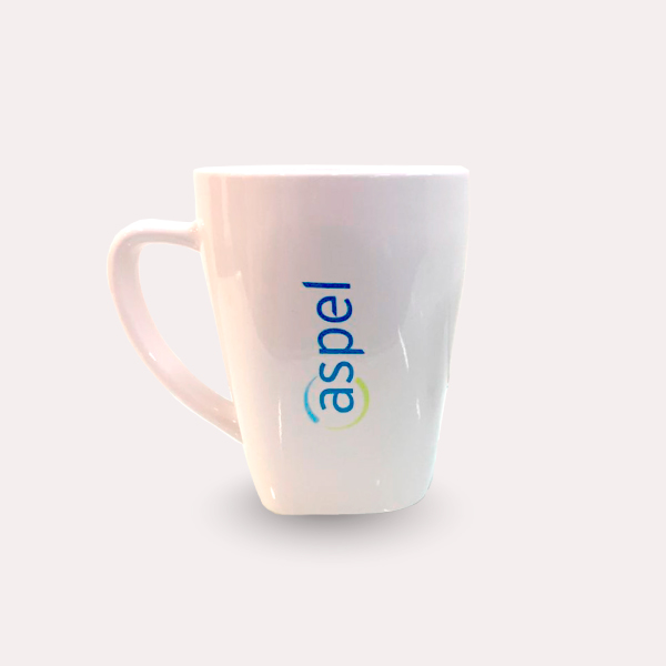 KIT DE 20 TAZAS DE CERÁMICA BLANCA CON BASE CUADRADA Y LOGOTIPO ASPEL