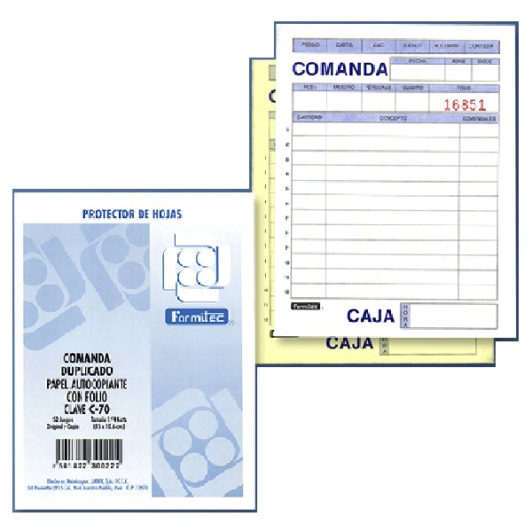 30 BLOCK DE COMANDA PARA RESTAURANTE AUTOCOPIANTE Y FOLIADA C-70 FORMITEC 1/4 DE CARTA