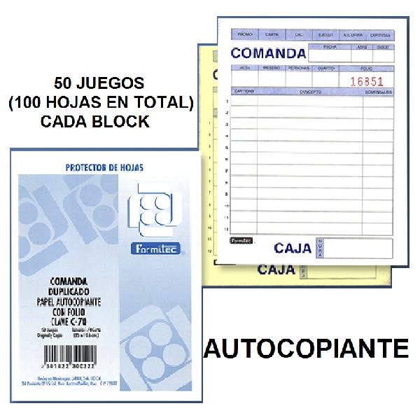 50 BLOCK DE COMANDA PARA RESTAURANTE AUTOCOPIANTE Y FOLIADA C-70 FORMITEC 1/4 DE CARTA