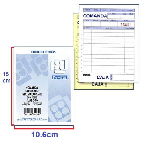 50 BLOCK DE COMANDA PARA RESTAURANTE AUTOCOPIANTE Y FOLIADA C-70 FORMITEC 1/4 DE CARTA