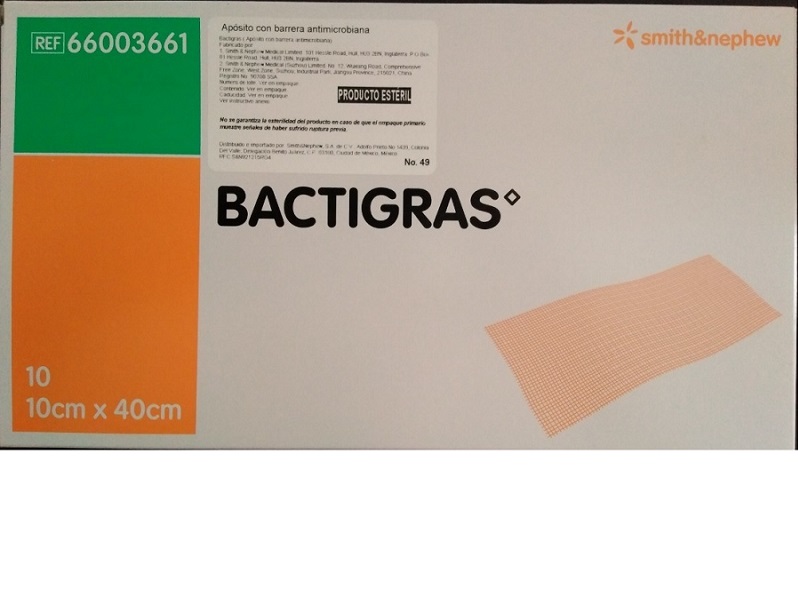 BACTIGRAS. Gasa parafinada antimicrobiana con acetato de clorhexidina al 0.5%. 10x40cm. Caja c/10