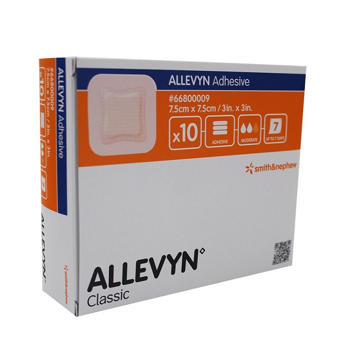 ALLEVYN ADHESIVE. Apósito hidrocelular adhesivo para heridas de mediano a alto exudado. 7.5x7.5cm  Caja c/10
