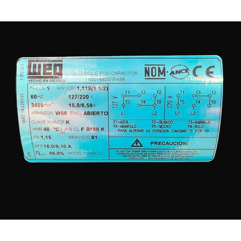 Motor Eléctrico Weg Bifásico 1.5 Hp En Alta Con Cuñero 110/220V