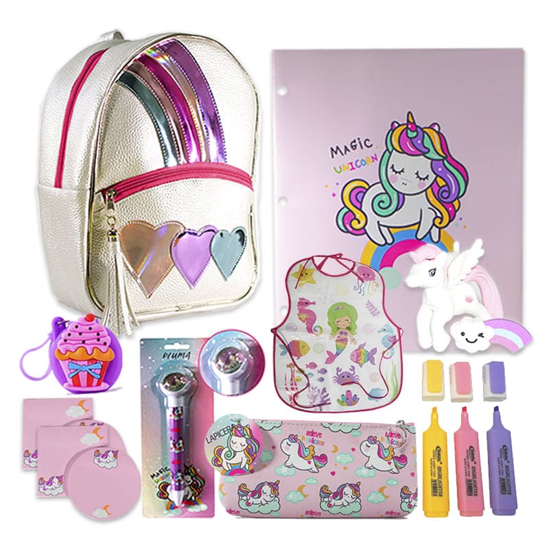 Kit Escolar Kawaii Papelería Útiles Escolares Unicornio Fantasia + Mochila Kawaii + Gel Antibacterial