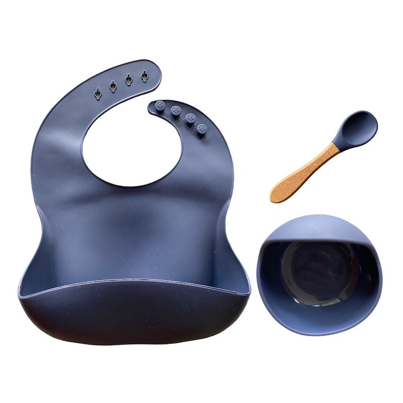 Set de babero, plato y cuchara de silicon para bebé. SET de ablactación