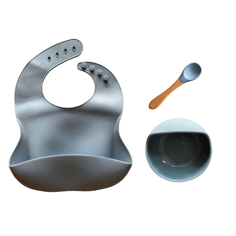 Set de babero, plato y cuchara de silicon para bebé. SET de ablactación