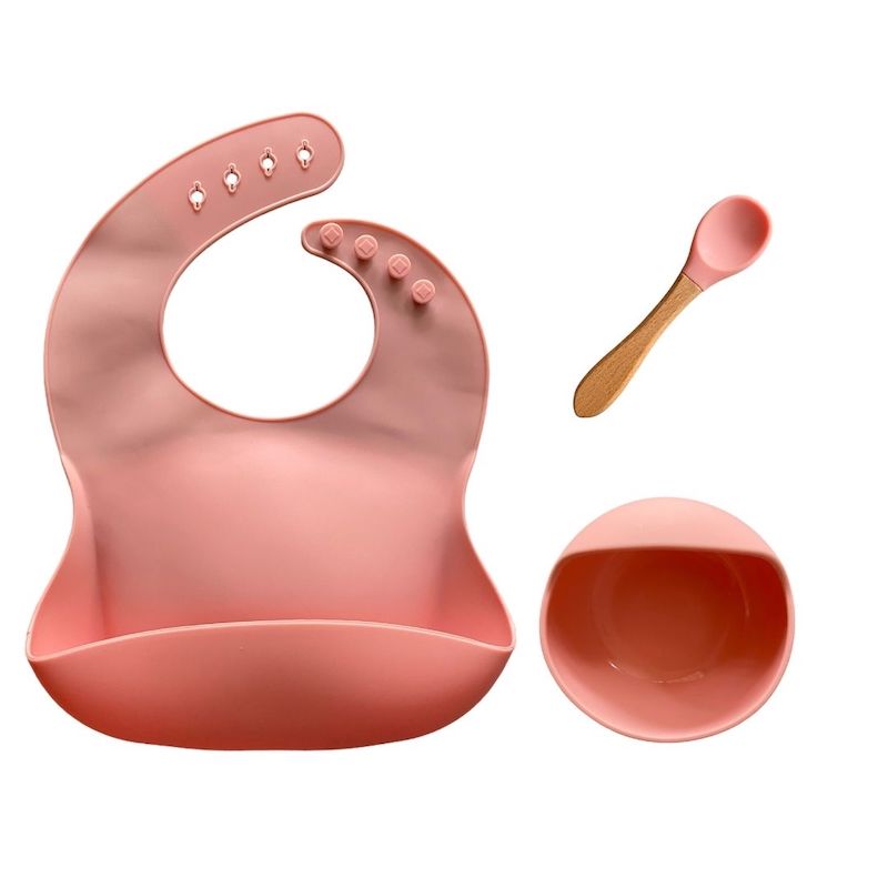 Set de babero, plato y cuchara de silicon para bebé. SET de ablactación