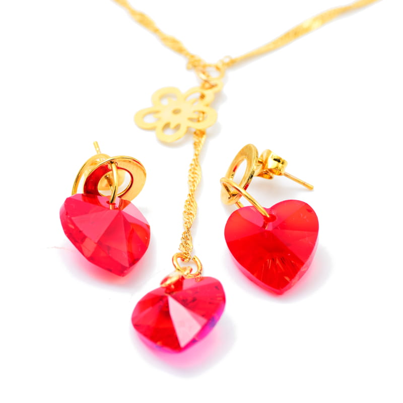 Joya Kit cadena singapur dije y aretes corazon rojo Cristal acero Dorado