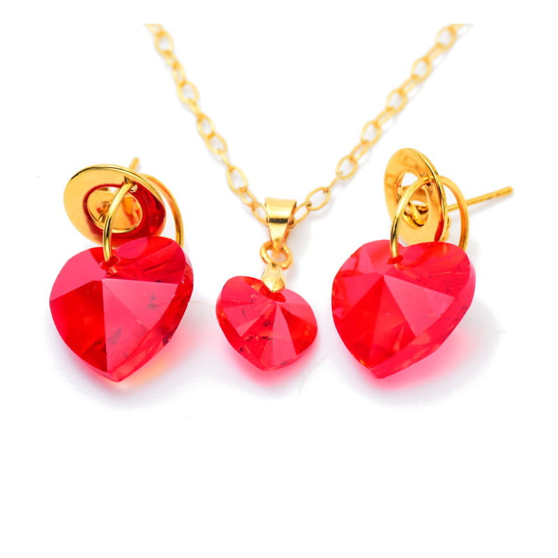 Joya Kit cadena dije y aretes corazon rojo Cristal acero Dorado