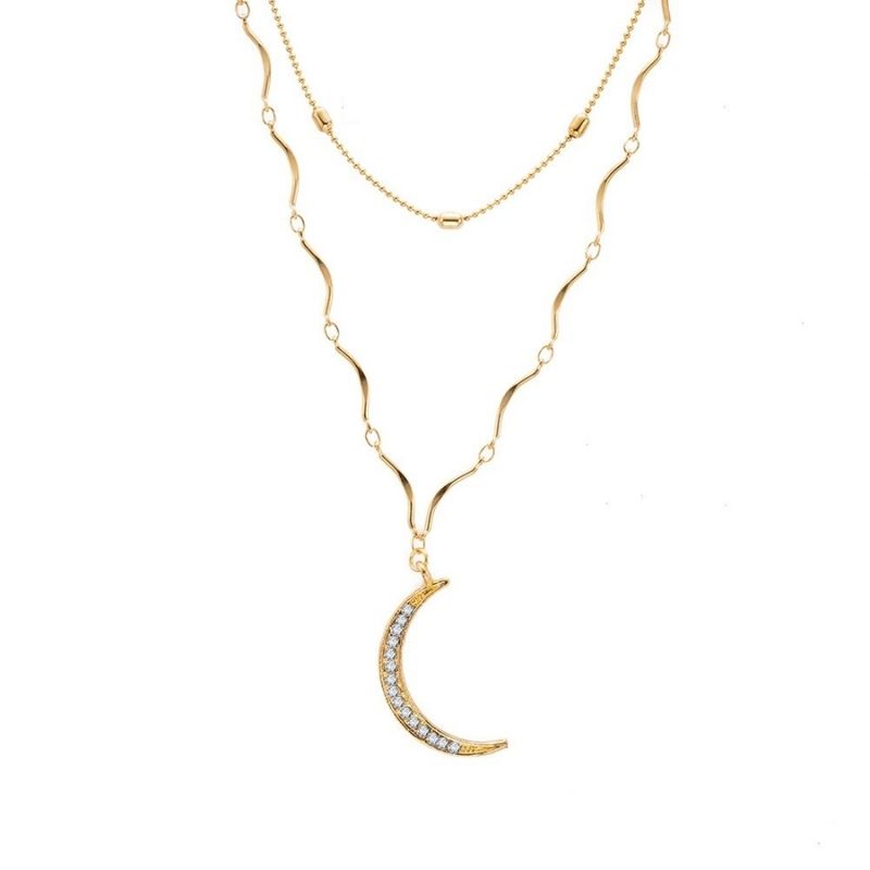 Collar dama mujer doble con dije de Luna y cristales en color dorado accesorios gacela
